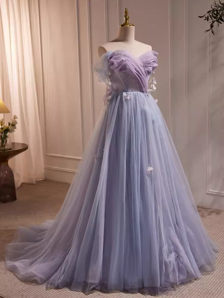 Fairytale A Line Off The Shoulder Short Sleeves Tulle Long Prom Dress C993