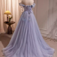 Fairytale A Line Off The Shoulder Short Sleeves Tulle Long Prom Dress C993