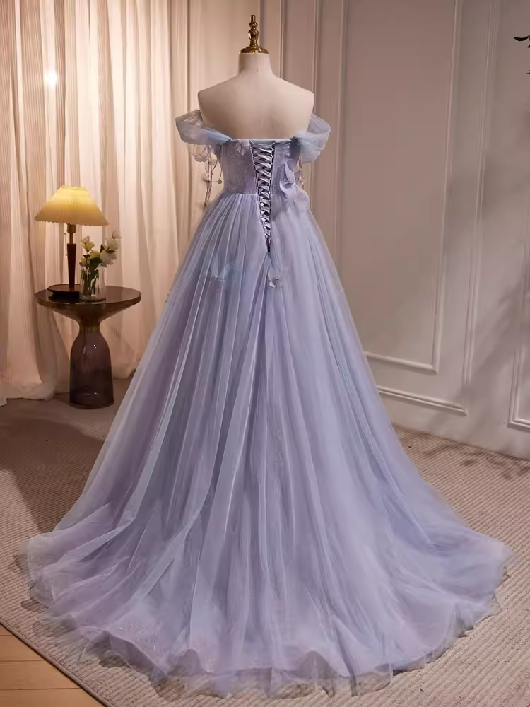 Fairytale A Line Off The Shoulder Short Sleeves Tulle Long Prom Dress C993