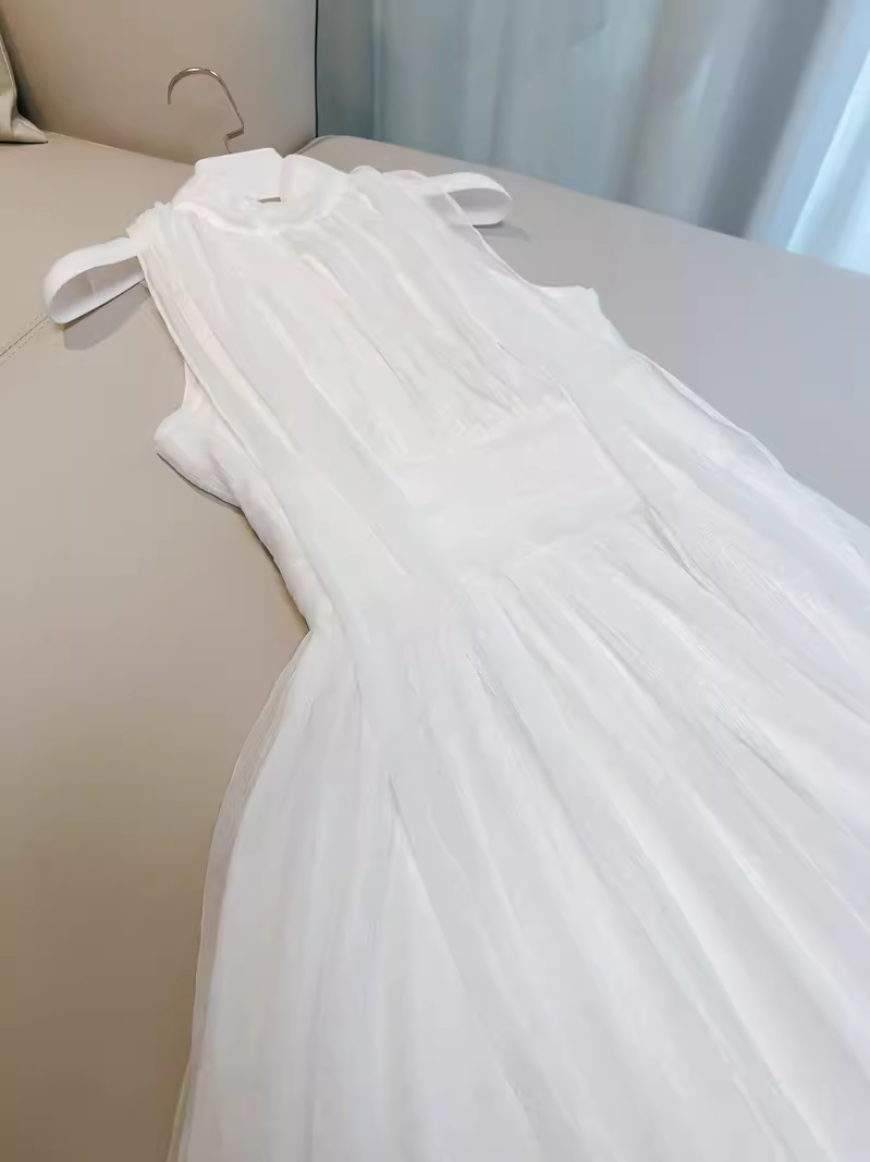 Simple A line High Neckline Tulle White Prom Dress C996