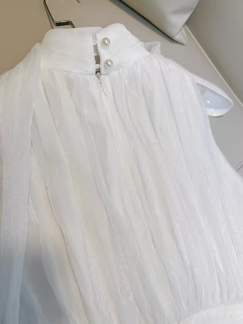 Simple A line High Neckline Tulle White Prom Dress C996