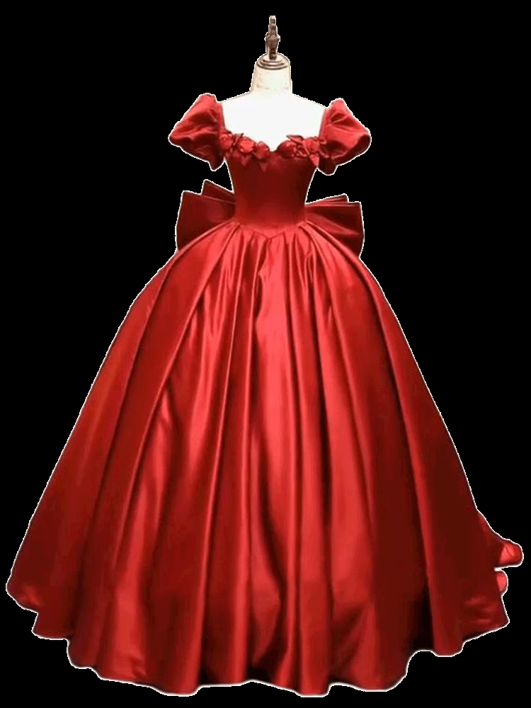 Simple Ball Gown Red Satin Long Prom Dresses C99