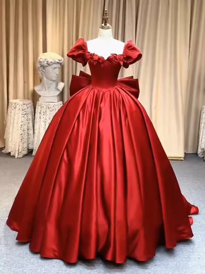 Simple Ball Gown Red Satin Long Prom Dresses C99