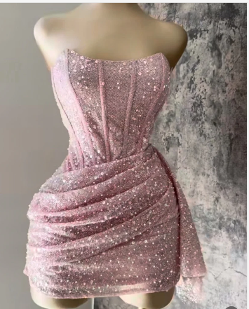 Robe de soirée sexy à paillettes roses sans bretelles et fourreau, tenue d'anniversaire courte C2607