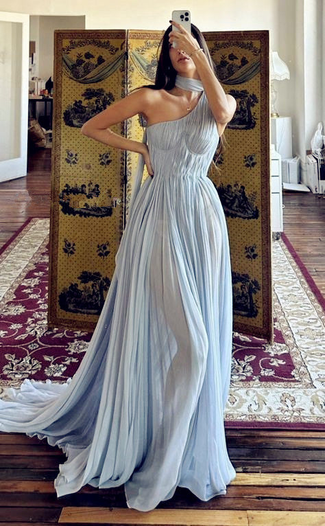 Sexy A Line One Shoulder Light Sky Blue Chiffon Long Evening Dress Prom Dresses Birthday Outfits BD2482