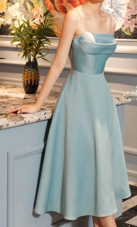 Sexy A Line Spaghetti Straps Light Sky Blue Satin Evening Dress Prom Dresses Birthday Outfits BD2483