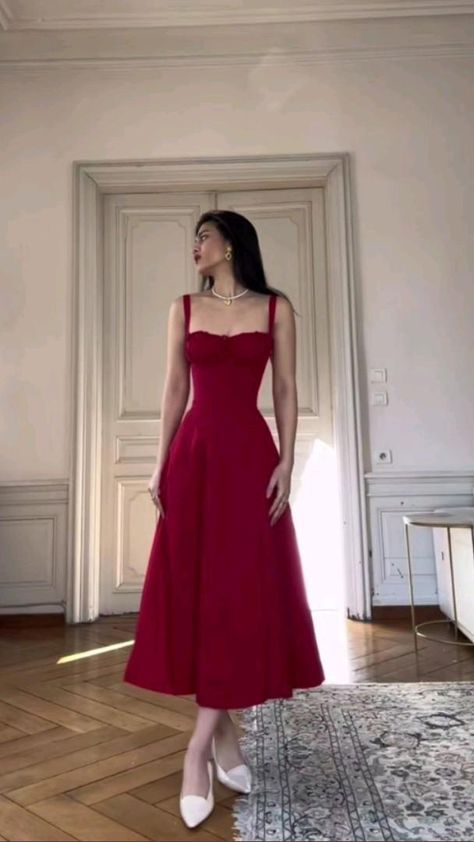 Robe de soirée mi-longue rouge sexy à bretelles trapèze, tenue de bal, tenue d'anniversaire BD2487