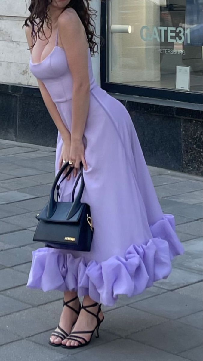 Robe de soirée vintage en satin lilas à bretelles spaghetti et volants, robe de bal BD2492