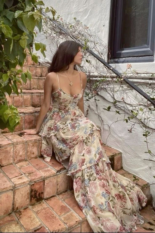 Robe de soirée longue vintage en mousseline de soie à bretelles spaghetti et à fleurs, tenue de bal, tenue d'anniversaire BD2495