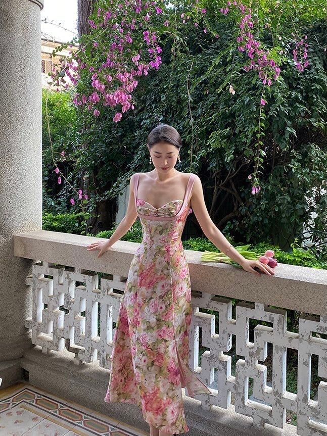 Vintage A Line Straps Floral Chiffon Slit Evening Dress Prom Dresses Birthday Outfits BD2496