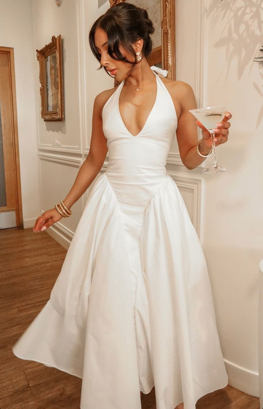 Robe de soirée vintage en satin blanc à col licou et ligne A, longueur cheville, robes de bal BD2502