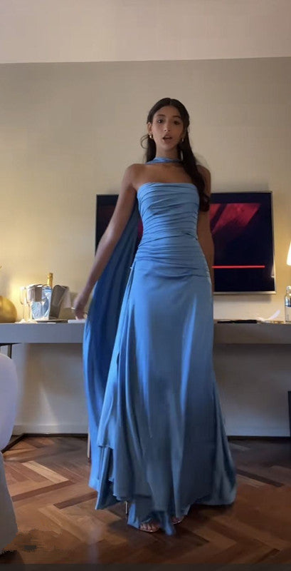 Robe de soirée vintage en satin bleu sans bretelles, coupe A, tenue de bal, longue, anniversaire, BD2504