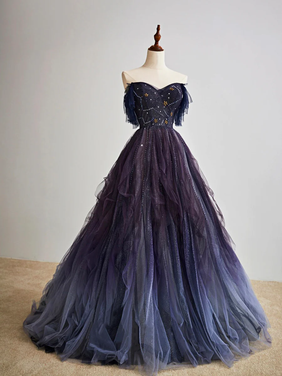 Dark starry sky purple tulle long prom dress purple evening dress BD19