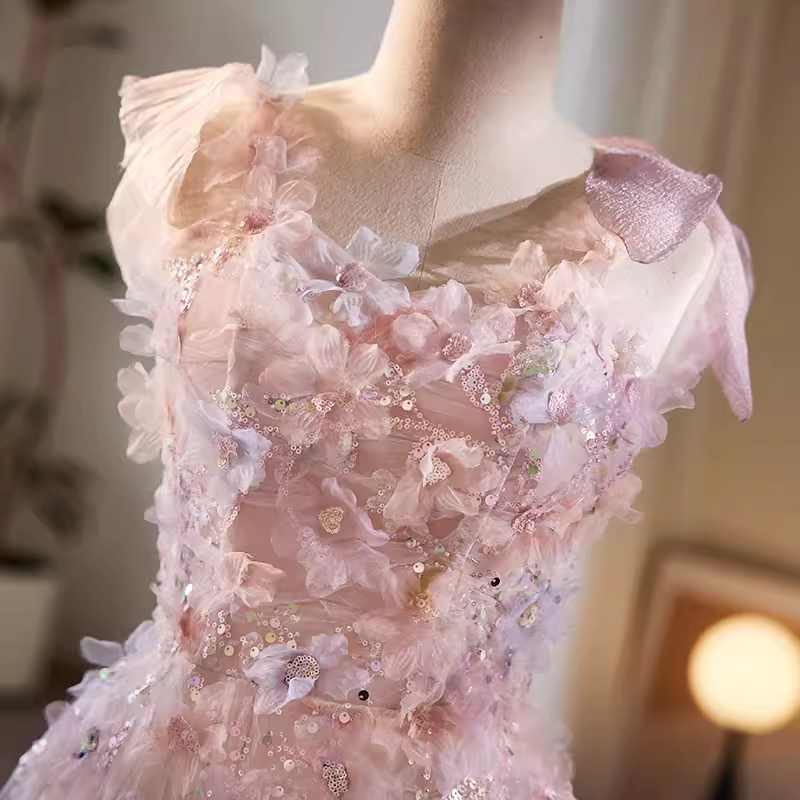 Robe de bal longue en tulle rose, ligne A, modeste, bretelles, B127