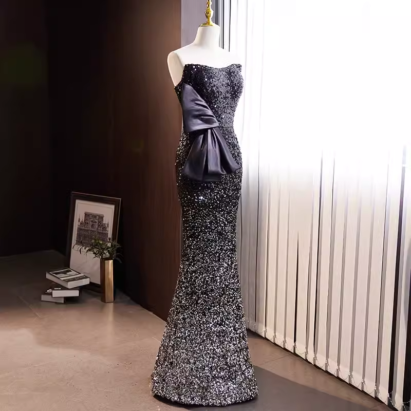 Robe de bal noire longue à paillettes, sirène de luxe, sans bretelles, B148