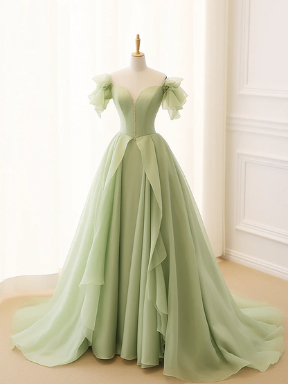 Robe de bal longue en tulle vert sauge trapèze B158