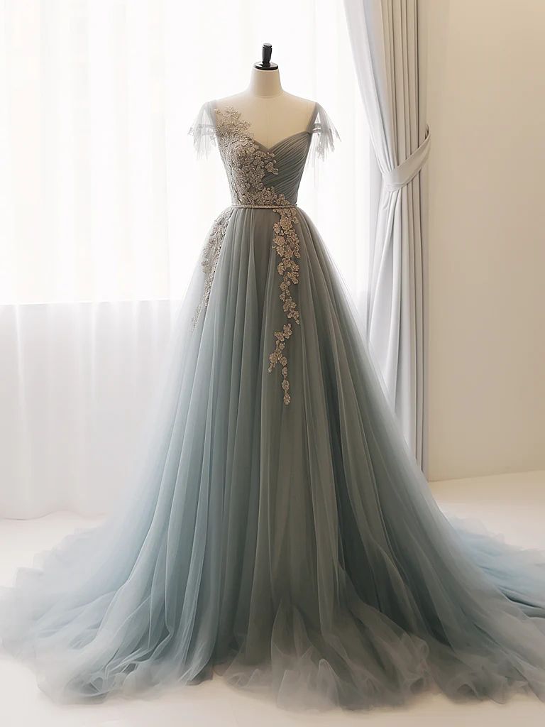 A-Line Sweetheart Neck Tulle Lace Gray Blue Long Prom Dress B159