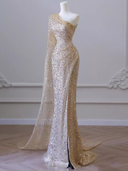 Robe de bal longue sirène asymétrique épaule dénudée à paillettes B164