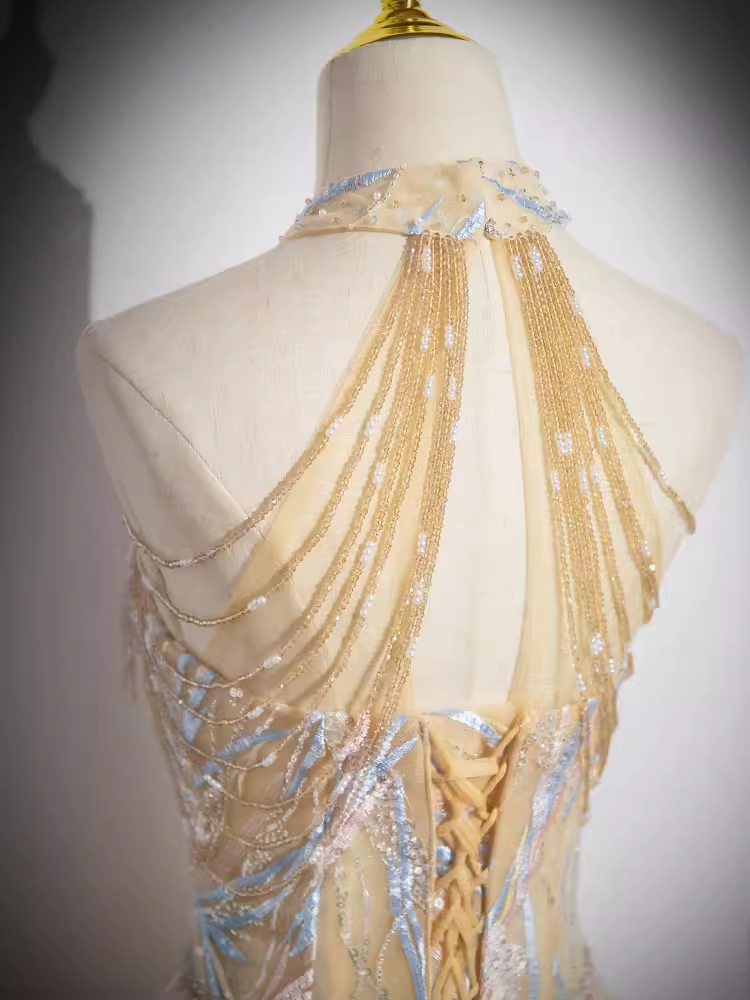 Robe de bal longue ligne A scintillante, décolleté haut, champagne, B171