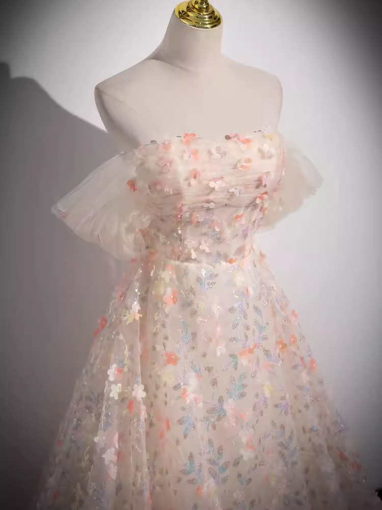 Belle robe de bal longue à fleurs sans bretelles en forme de ligne B176