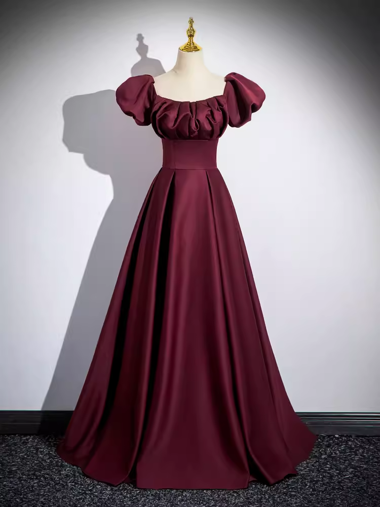 Robe de bal longue en satin bordeaux, simple, ligne A, sans bretelles, B180