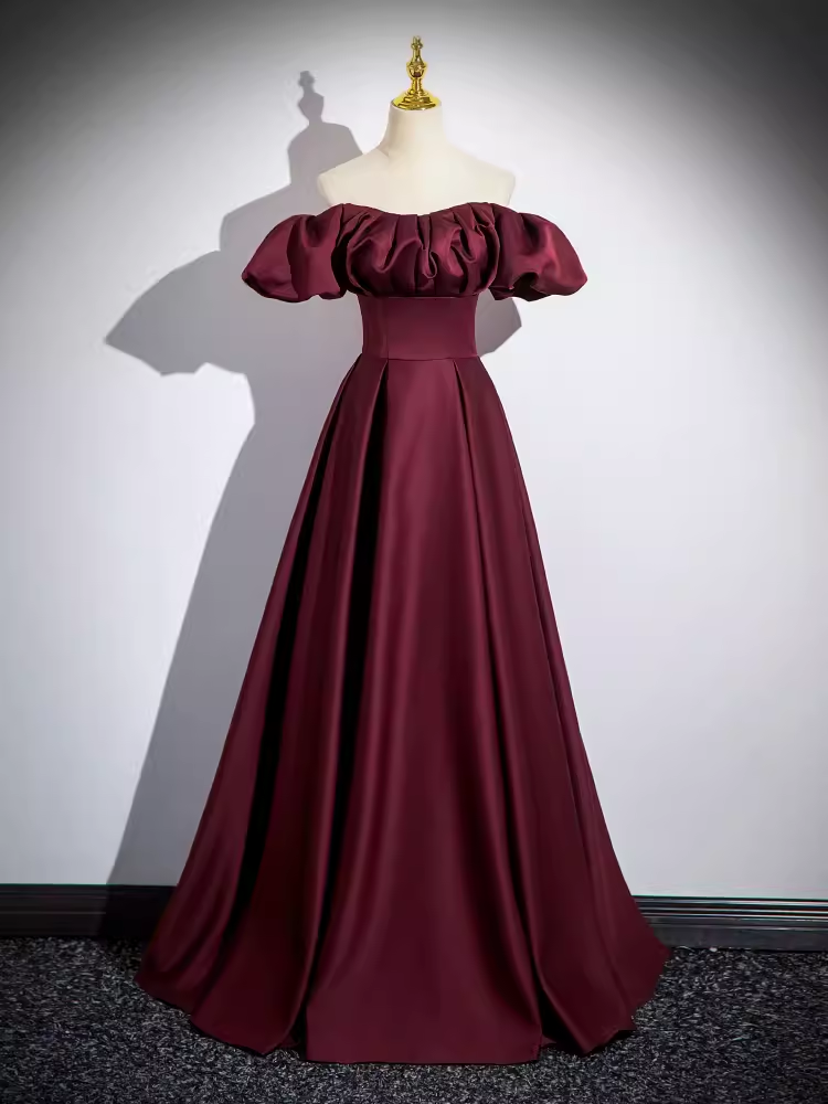 Robe de bal longue en satin bordeaux, simple, ligne A, sans bretelles, B180