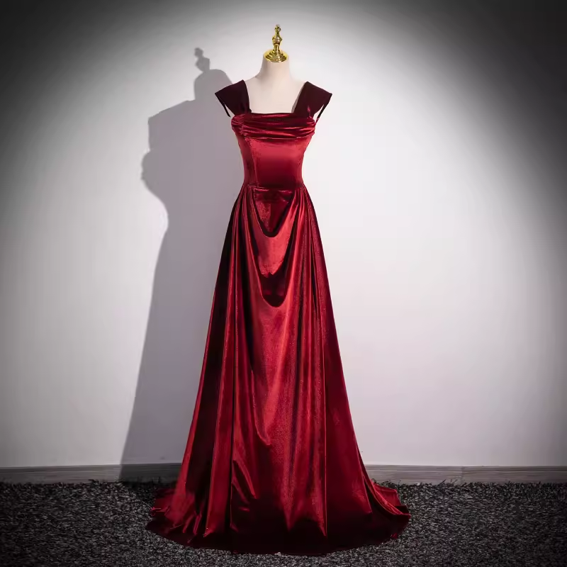 Robe de bal longue en velours bordeaux, ligne A simple, sans bretelles, B181