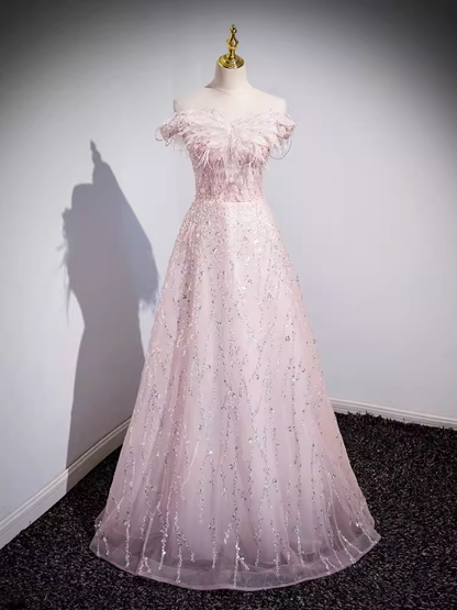 Robe de bal longue rose scintillante, ligne A, épaules dénudées, B185