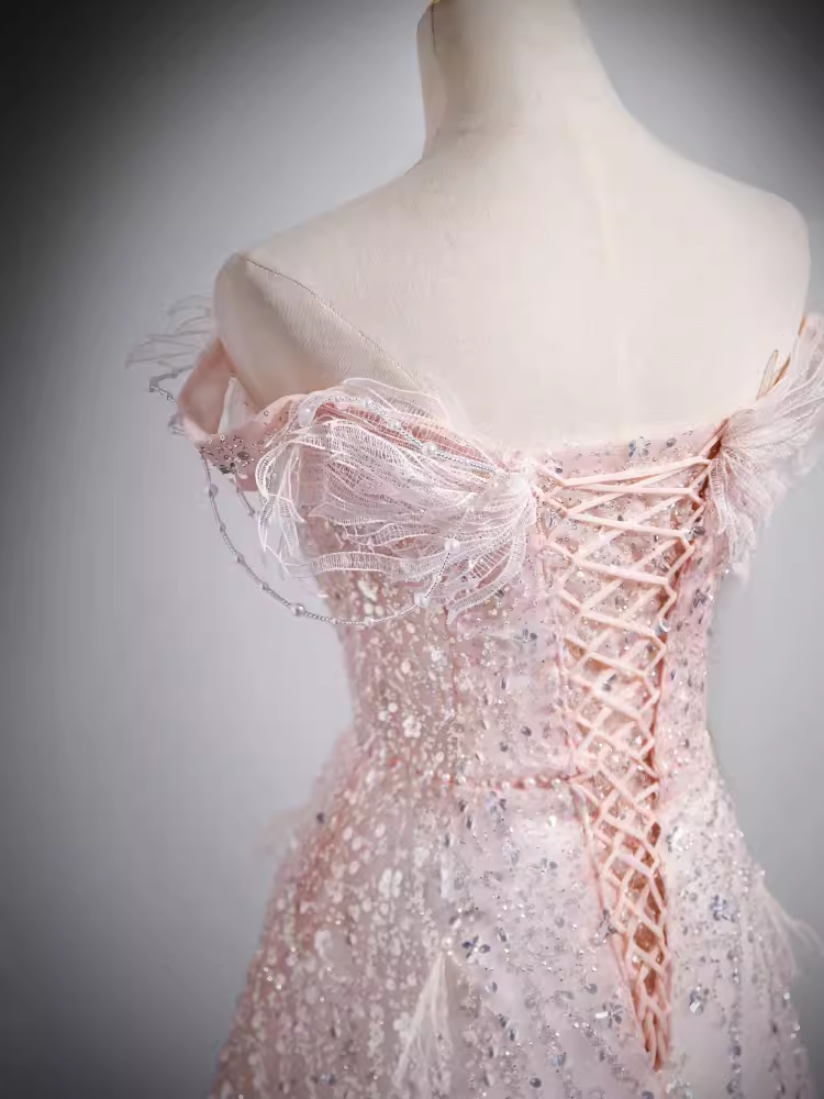 Robe de bal longue rose scintillante, ligne A, épaules dénudées, B185