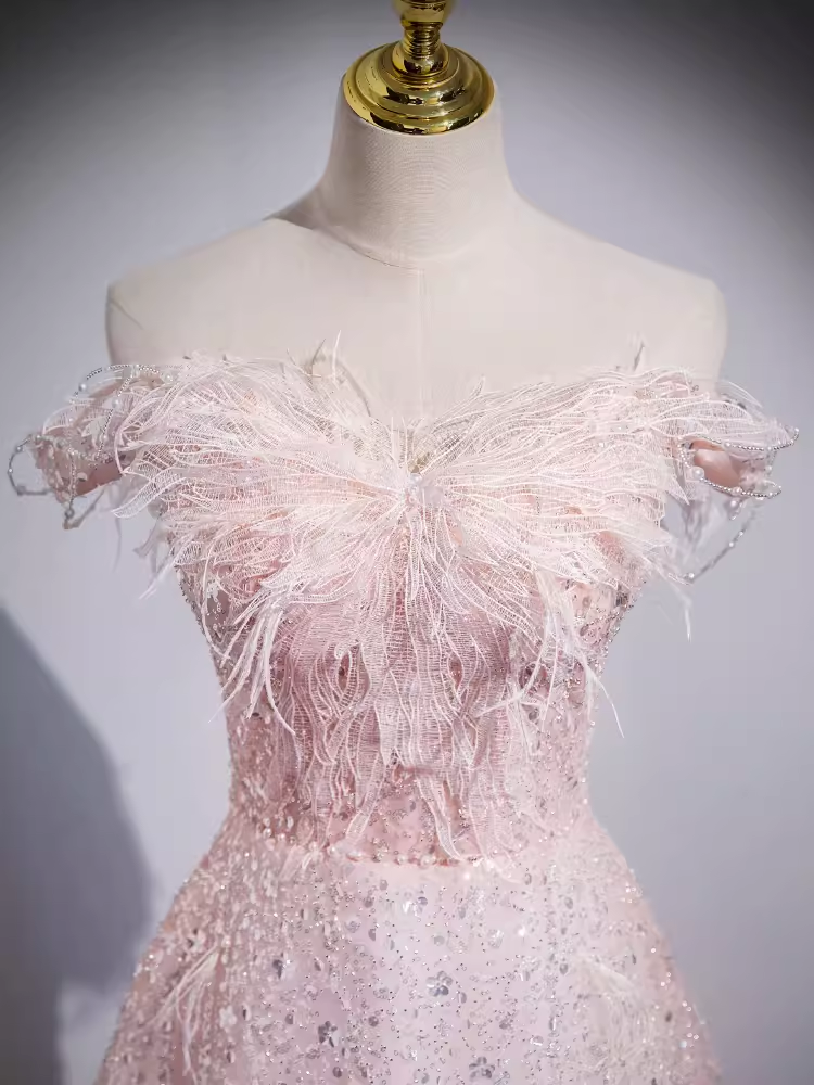 Robe de bal longue rose scintillante, ligne A, épaules dénudées, B185