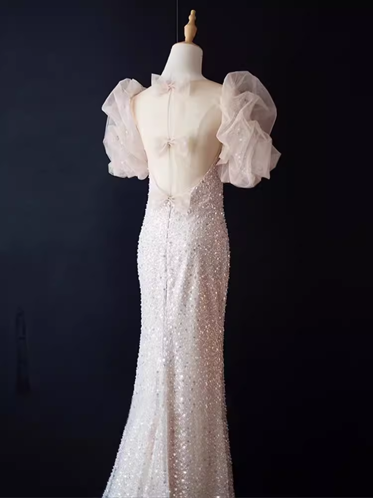 Robe de bal longue rose clair sirène scintillante B187