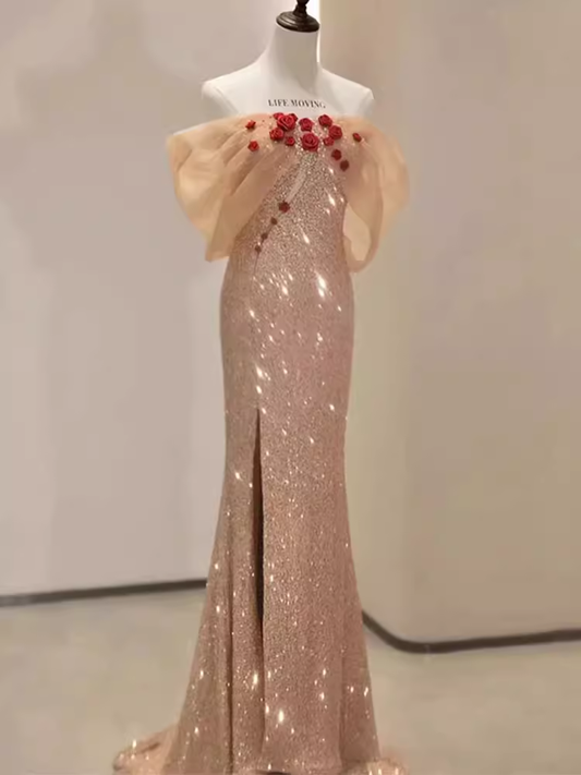 Robe de bal longue à paillettes, épaules dénudées, manches courtes, sirène, B192