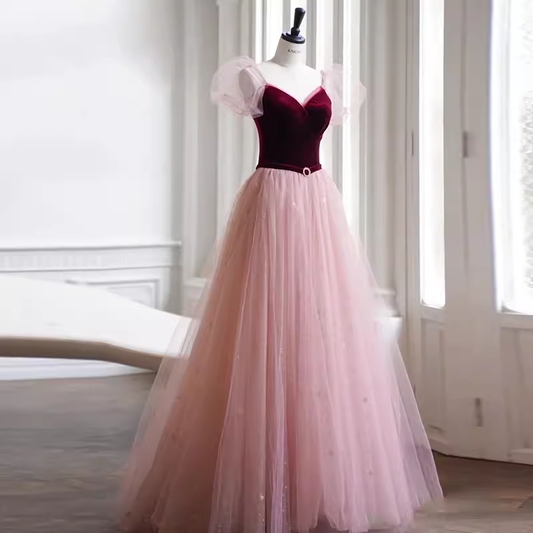 Simple A line Short Sleeves Tulle Long Prom Dress B193