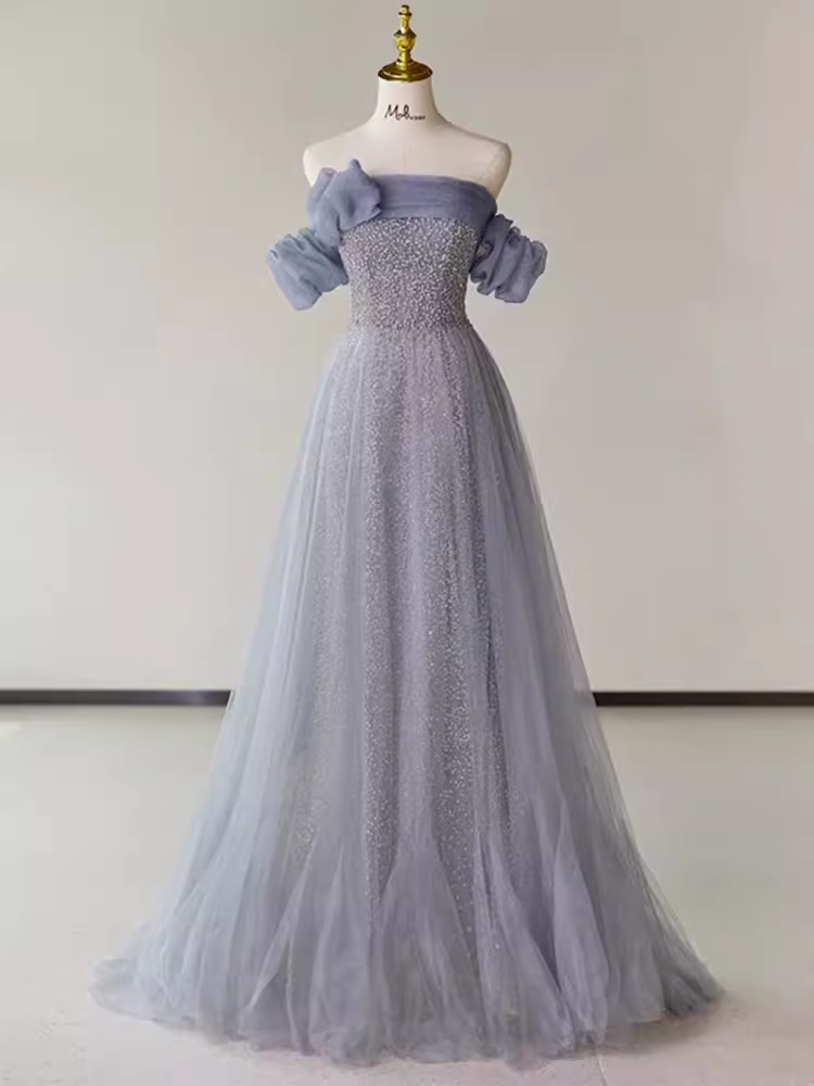 Robe de bal longue en Tulle, ligne A, sans bretelles, manches courtes, Simple, B194