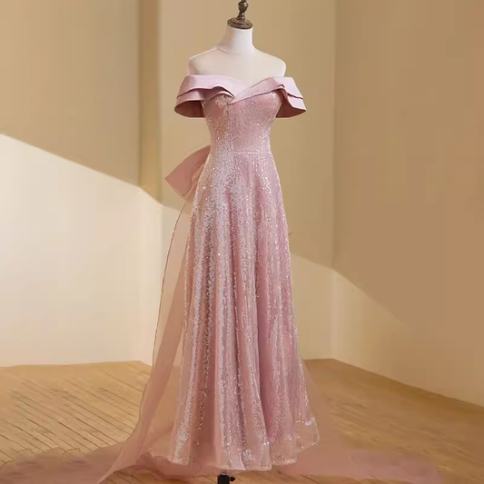 Robe de bal longue rose simple, ligne A, épaules dénudées, manches courtes, B195