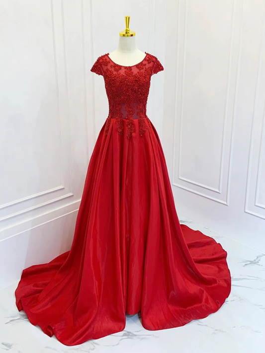 Robe de bal longue en dentelle et satin bordeaux, coupe trapèze, encolure dégagée, B199