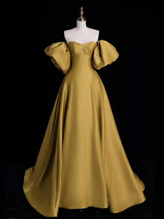 Robe de bal longue en satin jaune simple ligne a B205