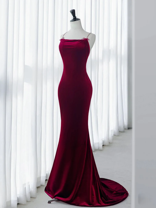 Robe de bal longue sirène en velours simple bordeaux B206