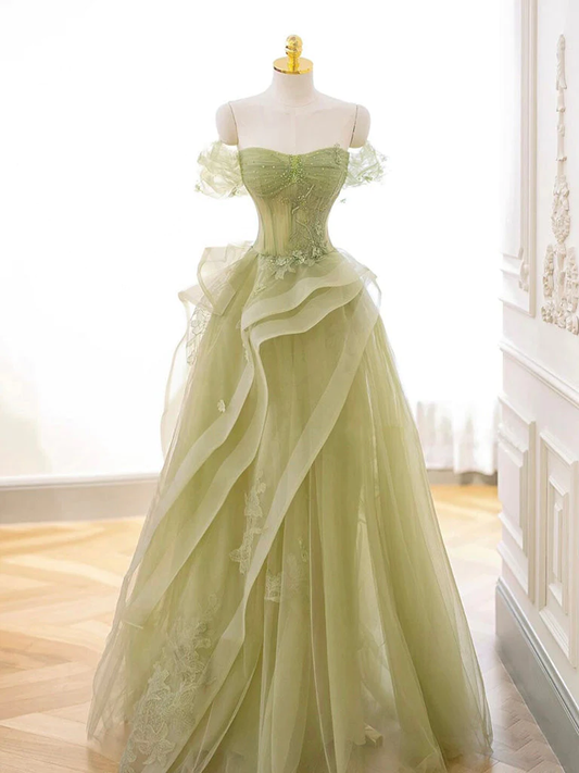 Robe de bal longue en dentelle et tulle, ligne a, épaules dénudées, verte, B209