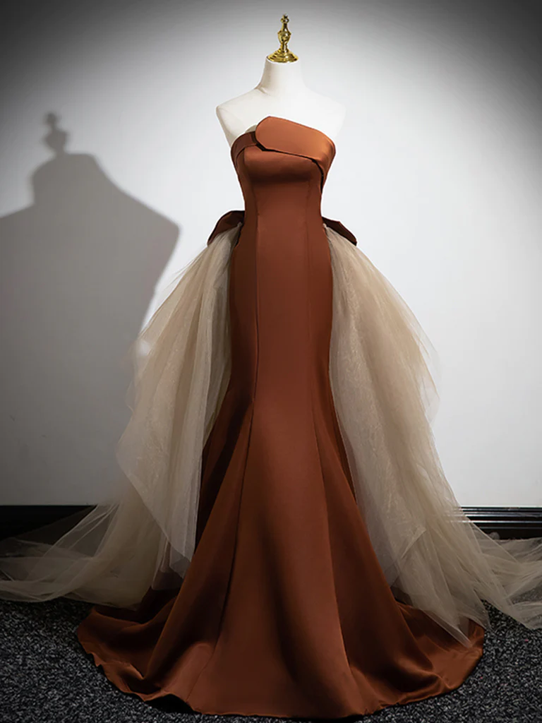 Robe de bal longue sirène en satin et tulle marron B212