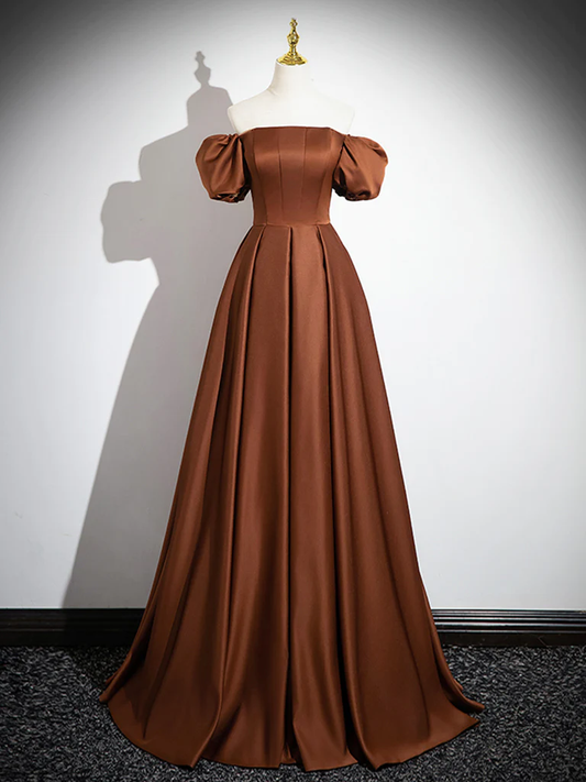 Robe de bal longue en satin marron simple ligne A B213