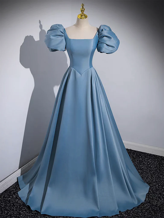 Robe de bal longue en satin bleu trapèze simple B215