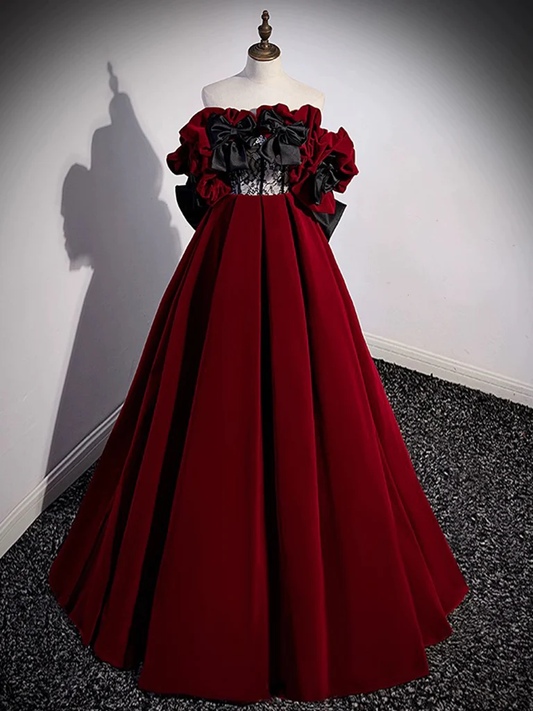 A-Line Off Shoulder Velvet Lace Burgundy Long Prom Dress B231