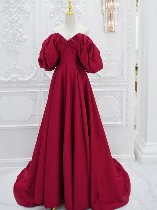 A-Line Puff Sleeves Satin Dark Red Long Prom Dress B233