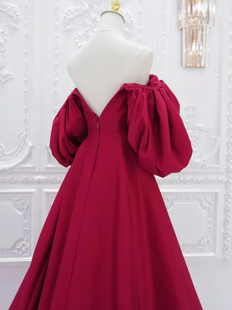 Robe de bal longue en satin rouge foncé, manches bouffantes, ligne a, B233