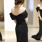 Robe de bal longue noire sirène en satin simple à épaules dénudées B235