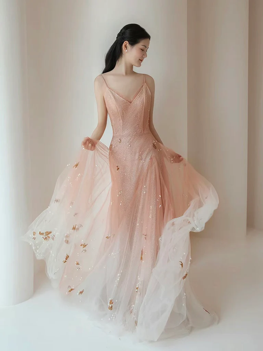 Robe de bal longue en tulle rose trapèze à col en V B244