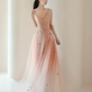 Robe de bal longue en tulle rose trapèze à col en V B244