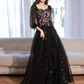 A-Line long sleeves Tulle Lace Black Long Prom Dress B249