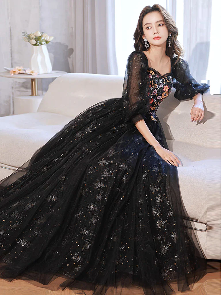 A-Line long sleeves Tulle Lace Black Long Prom Dress B249